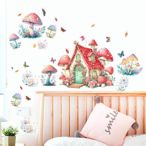 WAFT YEARN Waterproof Removable Vinyl Mushroom Butterfly Wall Decal Sticker for Nursery Kids Room School Classroom Living Room Bedroom Bathroom Girls Boys Room Decorations in Kuwait