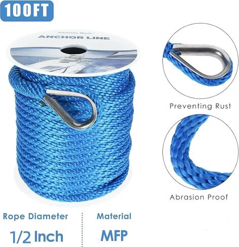 حبل مرساة مصنوع من Amarine، خط مرساة 1/2 بوصة × 100 بوصة، خط مرساة صلب مجدول MFP مع كشتبان، حبل/خط مرساة مجدول للقارب، أزرق in Saudi Arabia