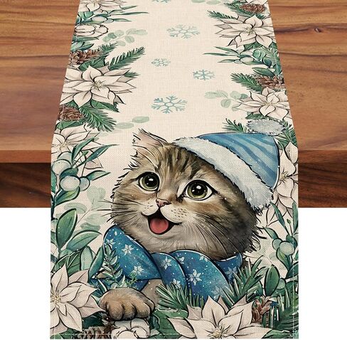 Seliem Winter Cat Table Runner, Kitty Kitten Poinsettia Pine Cone Snowflake Farmhouse Kitchen Dining Table Decor, Christmas Holiday Seasonal Home Decoration Indoor Outdoor Party Supply 13x72 Inches in Saudi Arabia