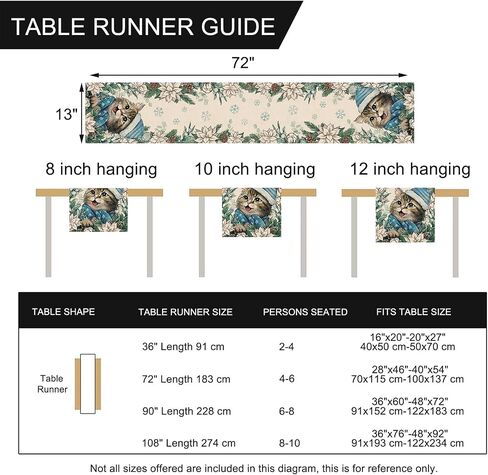 Seliem Winter Cat Table Runner, Kitty Kitten Poinsettia Pine Cone Snowflake Farmhouse Kitchen Dining Table Decor, Christmas Holiday Seasonal Home Decoration Indoor Outdoor Party Supply 13x72 Inches in Saudi Arabia