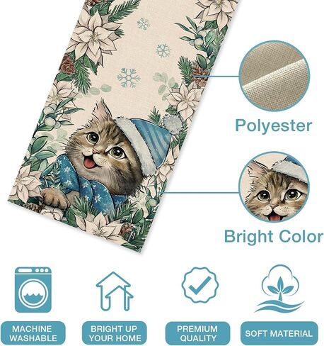 Seliem Winter Cat Table Runner, Kitty Kitten Poinsettia Pine Cone Snowflake Farmhouse Kitchen Dining Table Decor, Christmas Holiday Seasonal Home Decoration Indoor Outdoor Party Supply 13x72 Inches in Saudi Arabia