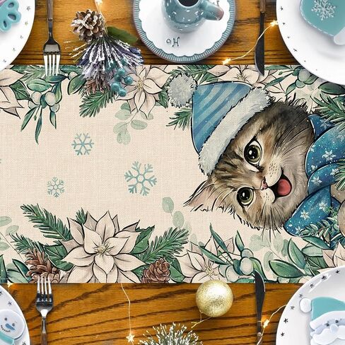 Seliem Winter Cat Table Runner, Kitty Kitten Poinsettia Pine Cone Snowflake Farmhouse Kitchen Dining Table Decor, Christmas Holiday Seasonal Home Decoration Indoor Outdoor Party Supply 13x72 Inches in Saudi Arabia