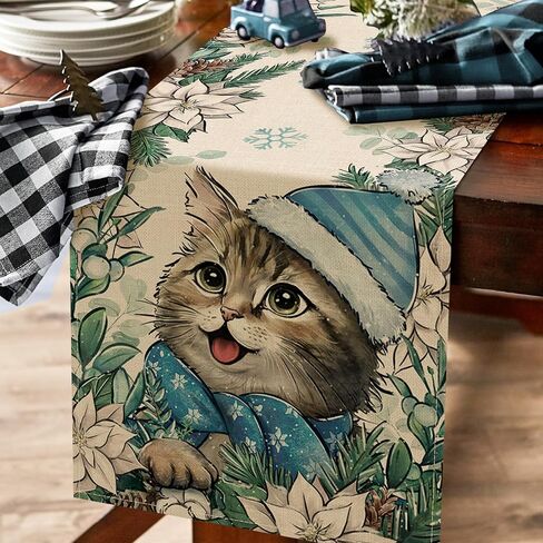 Seliem Winter Cat Table Runner, Kitty Kitten Poinsettia Pine Cone Snowflake Farmhouse Kitchen Dining Table Decor, Christmas Holiday Seasonal Home Decoration Indoor Outdoor Party Supply 13x72 Inches in Saudi Arabia