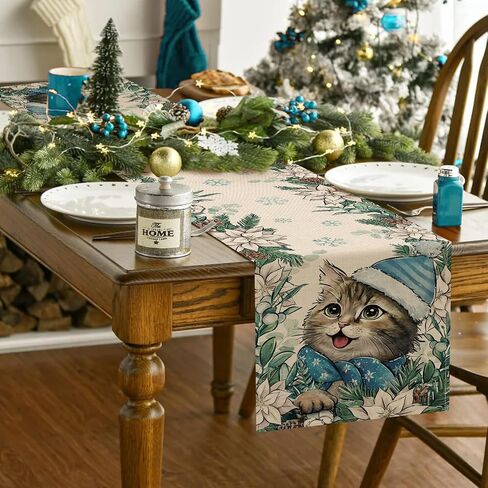 Seliem Winter Cat Table Runner, Kitty Kitten Poinsettia Pine Cone Snowflake Farmhouse Kitchen Dining Table Decor, Christmas Holiday Seasonal Home Decoration Indoor Outdoor Party Supply 13x72 Inches in Saudi Arabia