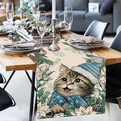 Seliem Winter Cat Table Runner, Kitty Kitten Poinsettia Pine Cone Snowflake Farmhouse Kitchen Dining Table Decor, Christmas Holiday Seasonal Home Decoration Indoor Outdoor Party Supply 13x72 Inches in Saudi Arabia