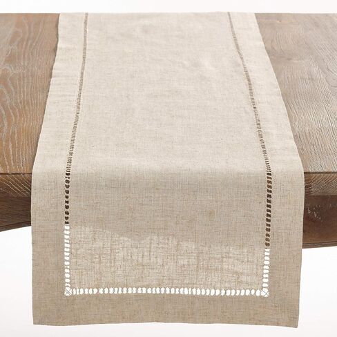 SARO LIFESTYLE Poly and Linen Blend Hemstitched Table Runner with Hemstitch Border, Natural, 16"x90" in Saudi Arabia