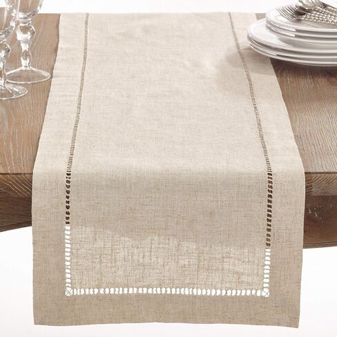 SARO LIFESTYLE Poly and Linen Blend Hemstitched Table Runner with Hemstitch Border, Natural, 16"x90" in Saudi Arabia