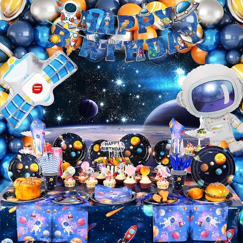162PCS Outer Space Birthday Party Supplies, Space Themed Party Decorations Include Banner, Balloons, Backdrop, Hanging Swirls, Tablecloth, Plates, Cake Toppers for Kids Birthday Decorations in Saudi Arabia