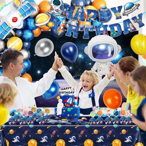 162PCS Outer Space Birthday Party Supplies, Space Themed Party Decorations Include Banner, Balloons, Backdrop, Hanging Swirls, Tablecloth, Plates, Cake Toppers for Kids Birthday Decorations in Saudi Arabia