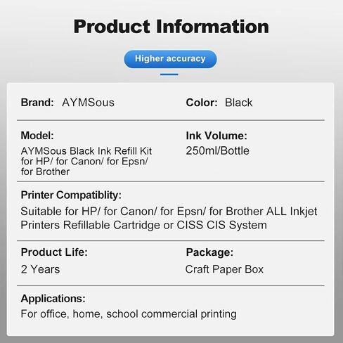 Black Ink Universal Refill Ink Kit Dye Ink 250ml Work for Canon HP Epsn Brother Injet Printers Refillable Cartridge CISS CIS System (9 oz) with Syringe&Glove in Kuwait