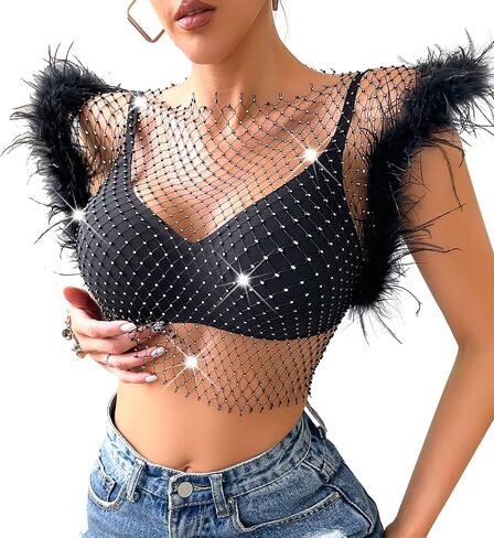 Women's Sleeveless Mesh Top V Neck Rhinestone Sheer Blouse See Through Tee Shirt Crop Tops in Saudi Arabia
