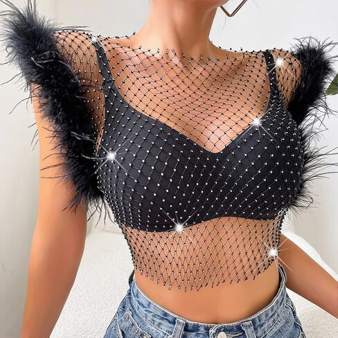 Women's Sleeveless Mesh Top V Neck Rhinestone Sheer Blouse See Through Tee Shirt Crop Tops in Saudi Arabia