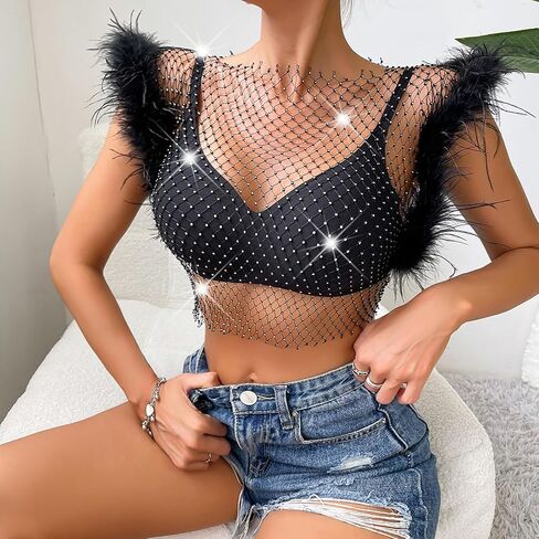 Women's Sleeveless Mesh Top V Neck Rhinestone Sheer Blouse See Through Tee Shirt Crop Tops in Saudi Arabia