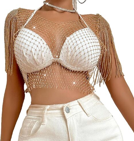 Women's Sleeveless Mesh Top V Neck Rhinestone Sheer Blouse See Through Tee Shirt Crop Tops in Saudi Arabia