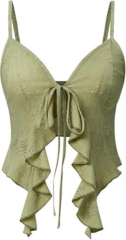 Women's Asymmetric Hem Cami Crop Top Backless Tie Front Ruffle Trim Slim Fit Camisole in Kuwait