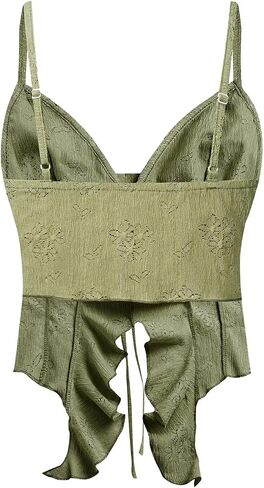 Women's Asymmetric Hem Cami Crop Top Backless Tie Front Ruffle Trim Slim Fit Camisole in Kuwait