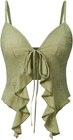 Women's Asymmetric Hem Cami Crop Top Backless Tie Front Ruffle Trim Slim Fit Camisole in Kuwait