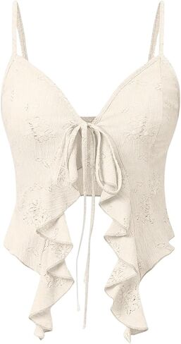 Women's Asymmetric Hem Cami Crop Top Backless Tie Front Ruffle Trim Slim Fit Camisole in Kuwait