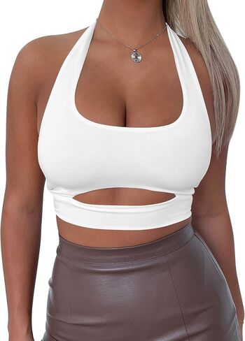Mokoru Women's Sexy Halter Sleeveless Cut Out Crop Tops Square Neck Double Layer Backless Tank Cami in Saudi Arabia