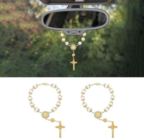 2PCS Car Rosary for Rearview Mirror, Car Rosary with Cross Blessing Rosary Pendant Car Rosary for Rearview Mirror, Personalized Car Hanging Accessories Interior Decors for Women Men in Saudi Arabia