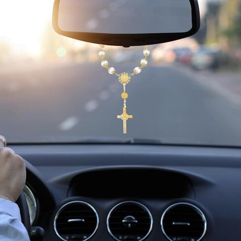2PCS Car Rosary for Rearview Mirror, Car Rosary with Cross Blessing Rosary Pendant Car Rosary for Rearview Mirror, Personalized Car Hanging Accessories Interior Decors for Women Men in Saudi Arabia