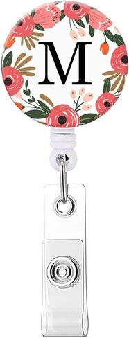 Badge Reel, Retractable ID Card Badge Holder with Alligator Clip, Name Nurse Decorative Badge Reel Clip on Card Holders (Floral Wreath Letter M) in Saudi Arabia