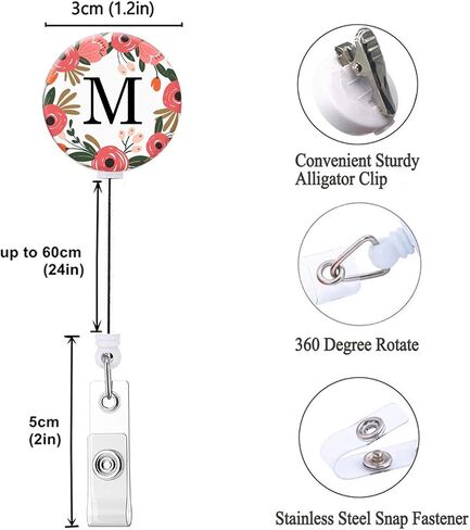 Badge Reel, Retractable ID Card Badge Holder with Alligator Clip, Name Nurse Decorative Badge Reel Clip on Card Holders (Floral Wreath Letter M) in Saudi Arabia