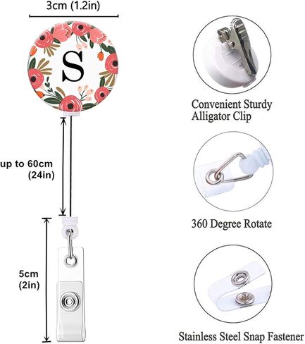 Badge Reel, Retractable ID Card Badge Holder with Alligator Clip, Name Nurse Decorative Badge Reel Clip on Card Holders (Floral Wreath Letter M) in Saudi Arabia