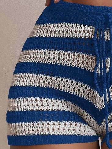 Verdusa Women's Striped Swimsuit Crochet Shorts Beach Knitted Hollow Out Cover Up Beachwear in Saudi Arabia
