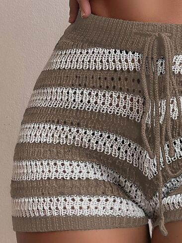 Verdusa Women's Striped Swimsuit Crochet Shorts Beach Knitted Hollow Out Cover Up Beachwear in Saudi Arabia