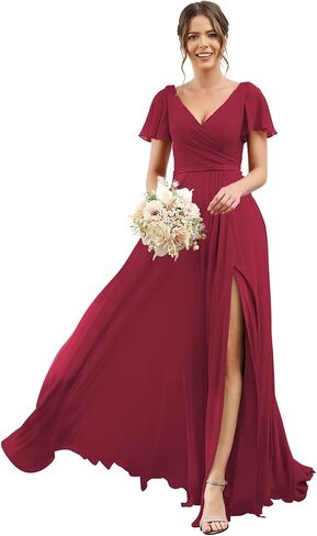 Women's V Neck Short Sleeve Bridesmaid Dresses Long Pleats Chiffon High Slit Formal Dress with Pockets DI001 in Saudi Arabia