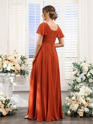 Women's V Neck Short Sleeve Bridesmaid Dresses Long Pleats Chiffon High Slit Formal Dress with Pockets DI001 in Saudi Arabia