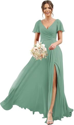 Women's V Neck Short Sleeve Bridesmaid Dresses Long Pleats Chiffon High Slit Formal Dress with Pockets DI001 in Saudi Arabia