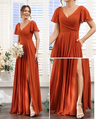 Women's V Neck Short Sleeve Bridesmaid Dresses Long Pleats Chiffon High Slit Formal Dress with Pockets DI001 in Saudi Arabia