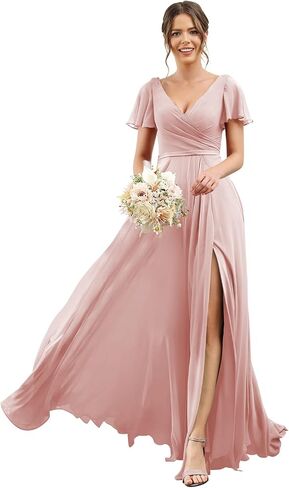 Women's V Neck Short Sleeve Bridesmaid Dresses Long Pleats Chiffon High Slit Formal Dress with Pockets DI001 in Saudi Arabia
