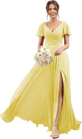 Women's V Neck Short Sleeve Bridesmaid Dresses Long Pleats Chiffon High Slit Formal Dress with Pockets DI001 in Saudi Arabia