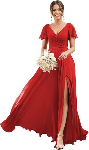 Women's V Neck Short Sleeve Bridesmaid Dresses Long Pleats Chiffon High Slit Formal Dress with Pockets DI001 in Saudi Arabia