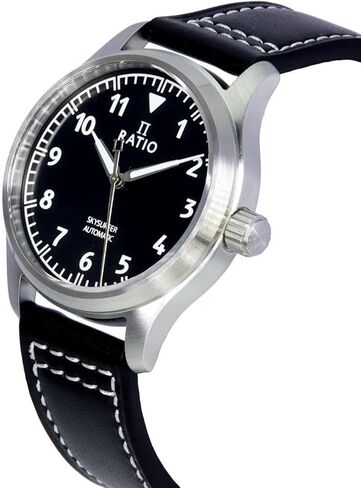 ساعة RATIO Pilot Style Watch بحزام جلدي وعرض تناظري وكريستال ياقوتي ياباني أوتوماتيكي 200 متر مقاومة للماء كاجوال لباس رسمي للرجال in Kuwait