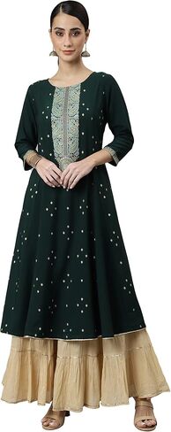 Janasya Indian Women's Green Crepe Foil Print Straight Kurta in Saudi Arabia