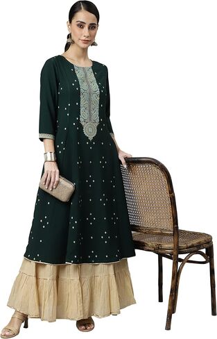 Janasya Indian Women's Green Crepe Foil Print Straight Kurta in Saudi Arabia