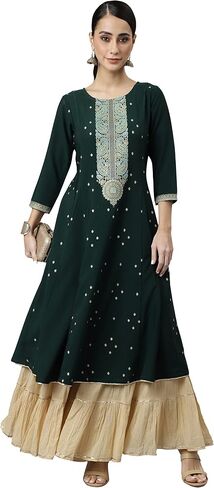 Janasya Indian Women's Green Crepe Foil Print Straight Kurta in Saudi Arabia