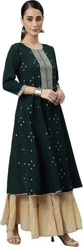 Janasya Indian Women's Green Crepe Foil Print Straight Kurta in Saudi Arabia