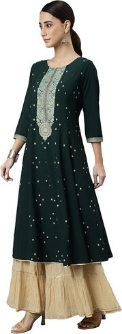 Janasya Indian Women's Green Crepe Foil Print Straight Kurta in Saudi Arabia