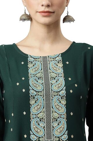 Janasya Indian Women's Green Crepe Foil Print Straight Kurta in Saudi Arabia