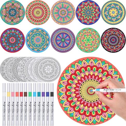 Humyoun 62 Pieces Mandala Painting Kits for Adults Mandalas to Color 50 Mandala Cardstock with 12 Markers for Coloring for Adults Stress Relieving Painting, DIY Crafts (Simple Mandala) in Saudi Arabia