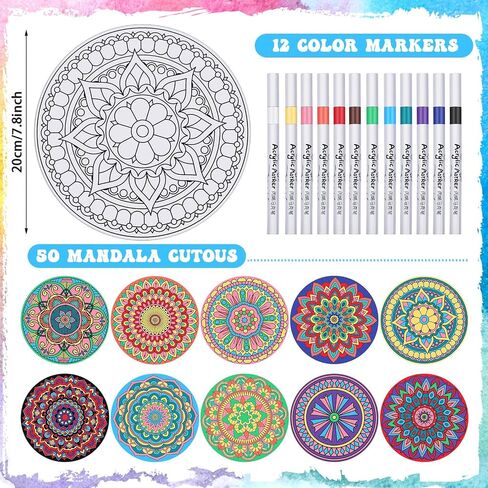 Humyoun 62 Pieces Mandala Painting Kits for Adults Mandalas to Color 50 Mandala Cardstock with 12 Markers for Coloring for Adults Stress Relieving Painting, DIY Crafts (Simple Mandala) in Saudi Arabia