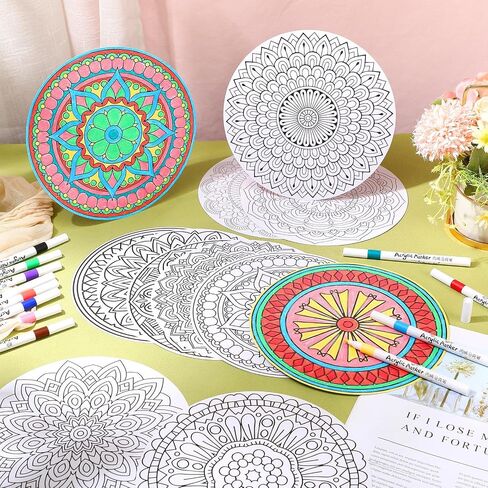 Humyoun 62 Pieces Mandala Painting Kits for Adults Mandalas to Color 50 Mandala Cardstock with 12 Markers for Coloring for Adults Stress Relieving Painting, DIY Crafts (Simple Mandala) in Saudi Arabia