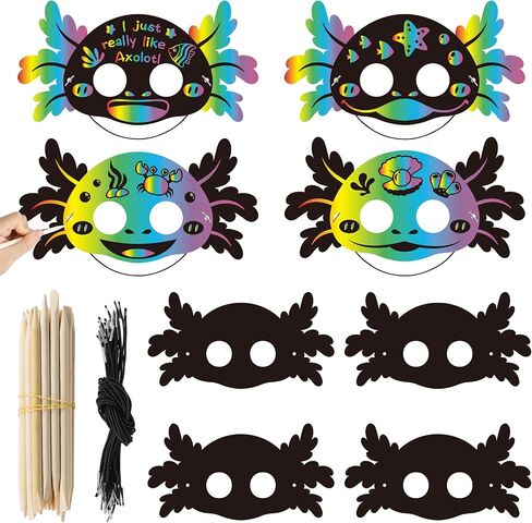 Axolotl Scratch Mask Gift Set - 30Pcs DIY Scratch Axolotl Masks Paper Art Craft Kit, Color Paper Parties Favors for kids Girls Boys Birthday School Classroom Art Activity Project, Pink in Saudi Arabia