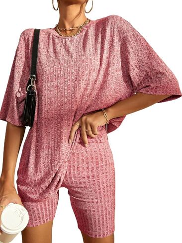 WDIRARA Women's 2 Piece Outfits Ribbed Short Sleeve Drop Shoulder Tee and Shorts Set Red L in Saudi Arabia