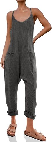 Cicy Bell Women's Casual Sleeveless Waffle Jumpsuits Loose Knit Spaghetti Strap Romper Long Pants with Pockets in Saudi Arabia